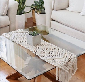 Bohemian Cotton Macrame Table Runner Geometric Pattern Hand Knitted Home Decor White Fringe - Product Image 1