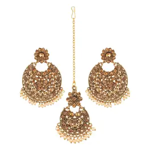 Joaillerie indienne en or, ensemble de boucles d'oreilles Maang Tikka, accessoires pour mariée, cristal plaqué, fabrication de bijoux indiens,