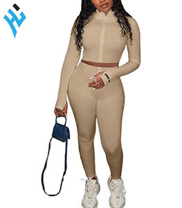 Kliou — sweat-shirt 2 pièces en tricot côtelé pour femmes, couleur unie, haut court + pantalon Long, survêtement, tenue Active, offre spéciale - Product Image 1