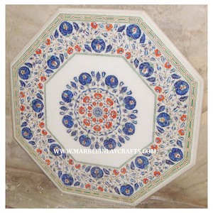 โต๊ะกาแฟหินอ่อนสีขาวพร้อมงานฝังกึ่งล้ำค่า - Product Image 1