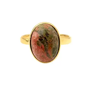 Hot Selling 10x14mm Natural Unakite Gemstone Bezel Setting Wholesale Genuine Sterling Silver Gold Plated Oval Shape Ring For Her