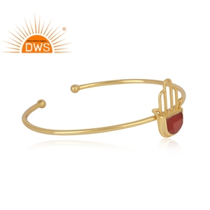 Fashion Designer Hamsa Hand <b>Cuff</b> Bangle Red Onyx Gemstone Set Gold Plated <b>Silver</b> 925 Bangle Jewelry Supplier - Product Image 2