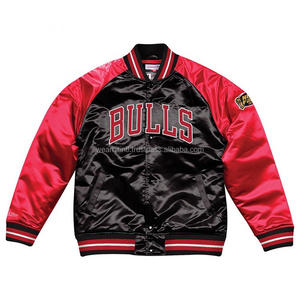 Veste bomber en satin de qualité supérieure, décontractée, d'hiver, grande taille, respirante, fermeture éclair, col montant, bleu, rouge, blanc, lettres - Product Image 1