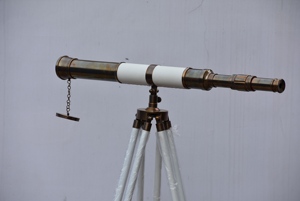 ขาตั้งกล้องทองเหลืองโบราณและหนังสีขาว27 "กล้องโทรทรรศน์พร้อมขาตั้งไม้สีขาว60" ขาตั้งกล้องแบบปรับได้ - Product Image 6