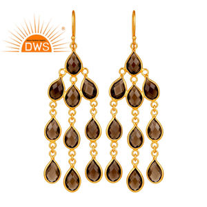 Boucles d'oreilles chandelier en argent sterling 925 plaqué or, design indien, avec pierres précieuses multi-quartz fumé, bijoux tendance, cadeau idéal - Product Image 1