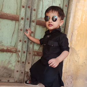 Gran oferta 2024 tela de algodón de buena calidad Color Negro estilo Casual largo recto Kurta Conjunto de pijama para niños, niños y niños - Product Image 1