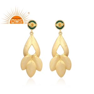 Leaf Deign 18k Gold Plated 925 Sterling <b>Silver</b> <b>Dangle</b> <b>Earrings</b> Jewelry India Natural Round Cut Green Onyx Gemstone Drop <b>Earrings</b> - Product Image 4