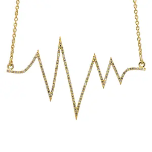 Neues 18 Karat Gelbgold Ketten design für Frauen Herzschlag Halskette Natural Pave Diamond Solid Gold Halskette Fine Jewelry Supplier