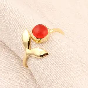 极简畅销圆形红色玉石石英叶设计戒指金色/镀银戒指可爱订婚礼物女戒指