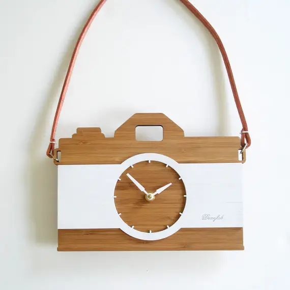 Relógio de parede com câmera de madeira, relógio moderno para crianças, design elegante, relógio de parede para presente promocional