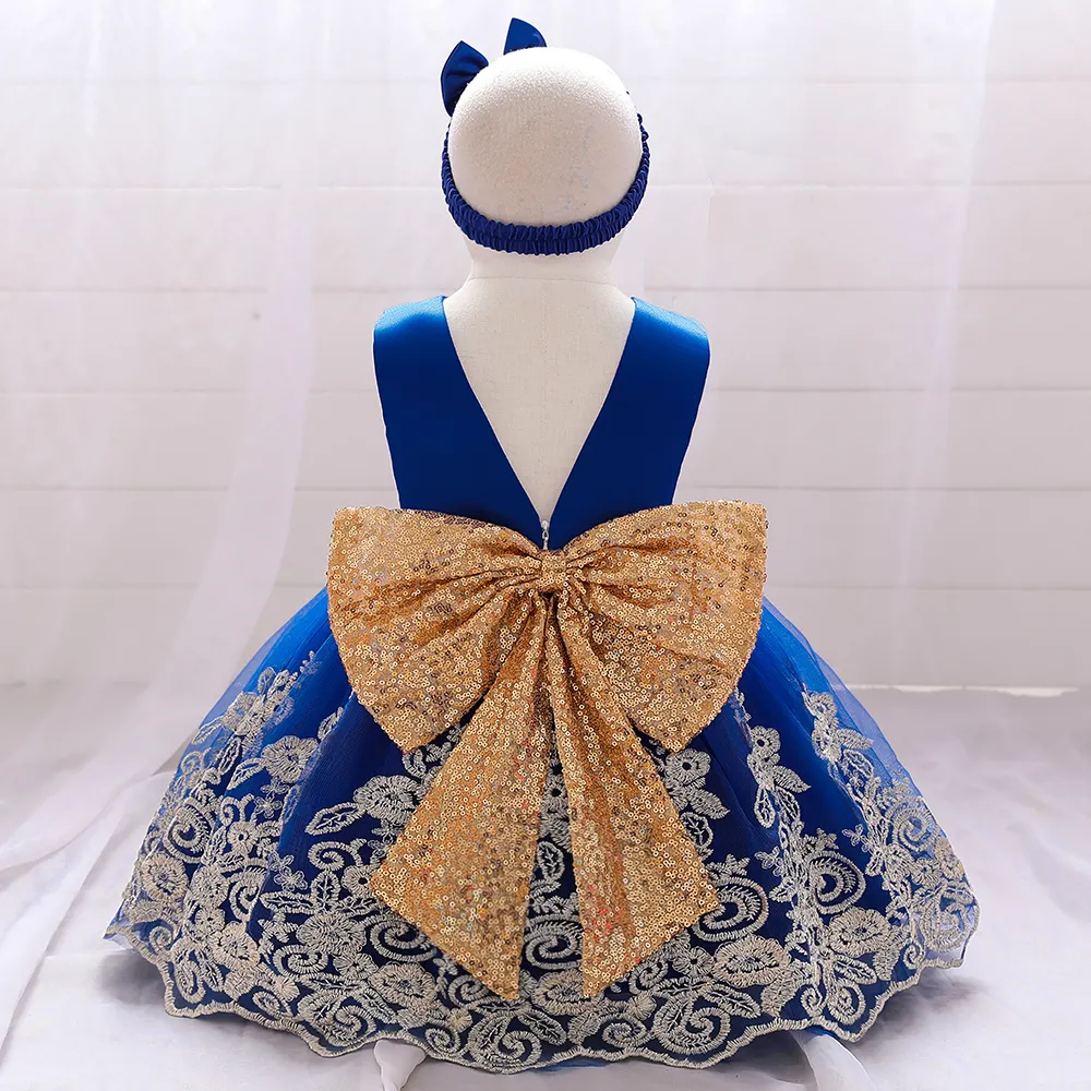 MQATZ-vestido azul con lazo grande y lentejuelas para niña, traje de fiesta de cumpleaños