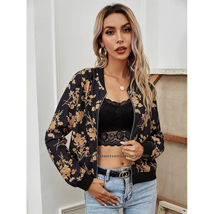 2021 Ladies Cropped <b>Leather</b> Bomber Jacket Wholesale Fashionable V-Neck <b>Coat</b> Breathable Sustainable Printed Sublimation Knitted - Product Image 2