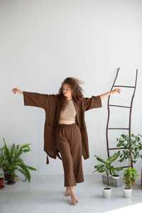 Nouveau Bohème Lin trois pièces Avec 50% Coton crêpe brun solide à manches longues Tissu palazzo et veste robe en lin - Product Image 2