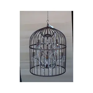 Vintage Bird Cage 8 Light with Crystals Iron Woody Hanging Lamp Modern Ceiling Lights Chandelier