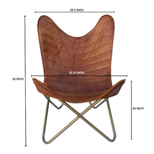 Chaise de style antique moderne et vintage en cuir avec papillon, cadre en fer pliable, bureau à domicile, salle à manger, salon, extérieur rustique - Product Image 1