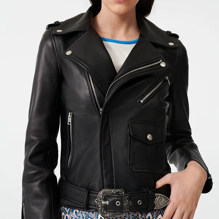 Wholesale Motorcycle Women's Original Leather Jacket Cropped Bomber Style Fashion Leather Jacket Women