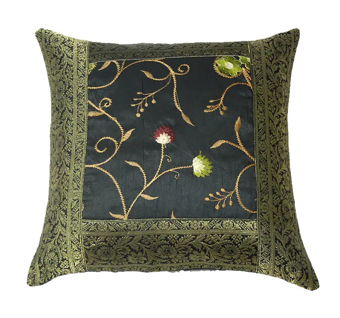 インドの装飾パッチワークポリデュピオンシルク刺繍グリーンスクエア家の装飾エスニック枕スロークッションカバー