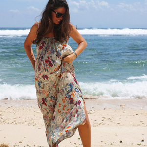 ชุดเดรสชายหาดพิมพ์ลายดอกไม้สำหรับผู้หญิง,ชุดเดรสหลวมชุดเดรสชายหาด Boho เปิดไหล่แขนกุดยาวถึงข้อเท้าปี2020 - Product Image 1