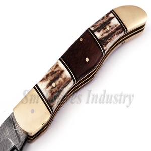 Xyj couteau pliant utilitaire fait main à Double lame, de damas, antter, espaceur et manche en bois, lame épaisse de 2-3mm (Smk1350) - Product Image 3