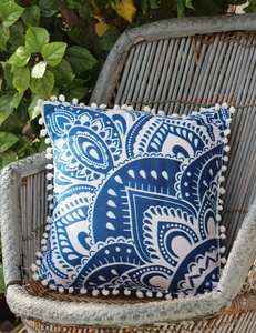 Blue White Bohemian Pattern Cushion Cover Square <b>Shape</b> With Pom Poms Decorative <b>Pillow</b> Case Home Use Printed Design - Product Image 2