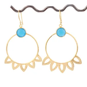 New fashionable blue chalcedony drop dangle earring brass gold/silver plated drop dangle woman handmade collette setting earring