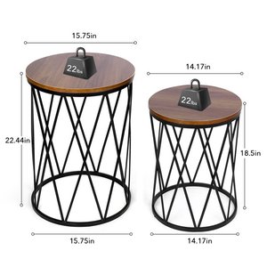 Metal and Wood <b>Table</b> Set of 2 With Black Powder Coated Iron Body and <b>Round</b> Shape Perfect for Home Decor As Stylish Side <b>Tables</b> - Product Image 3