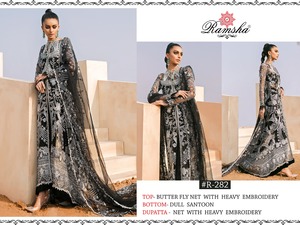 Robe brodée du pakistan rose clair de haute qualité, avec fil bleu clair, paire avec filet, collection de styliste - Product Image 4