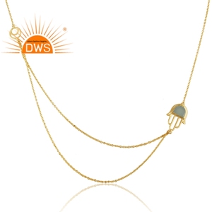 Aqua Chalcedony Gemstone Necklace Hamsa Hand Designer Gold Plated Silver Double Chain Necklace Jewelry Supplier - Product Image 2
