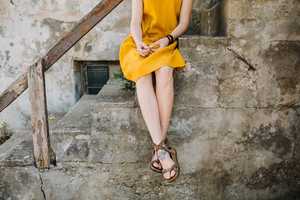 Robe en lin col rond, sans manches, longueur au genou, pour fille, tenue tendance, de couleur orange, nouvelle collection 2020 - Product Image 4