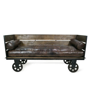 Two Seater Sofa Loft Style Living Room Sofas Industrial Iron with Wheels & Cushion Outdoor & Genuine Leather Home Furniture - Product Image 1
