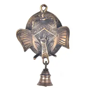 Handmade Antique Brass Ganesha Face With Bell Wall Hanging Sculptures Figurine Statue Statement Pieces Decor Gift Items