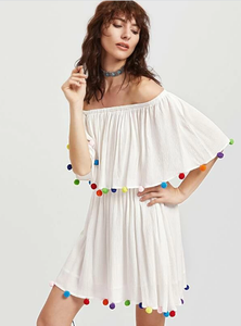 Haute qualité femmes Sexy vêtements de plage hors épaule gland hauts pour filles Boho gitane fantaisie nouvelle tendance rayonne tunique robe Mini taille - Product Image 3