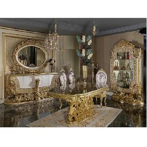 Juego de Mesa de Comedor Clásico de Madera de Teca Dorada y Plateada, Moderno y Duradero, Muebles Exclusivos de Lujo Tallados a Mano - Product Image 1