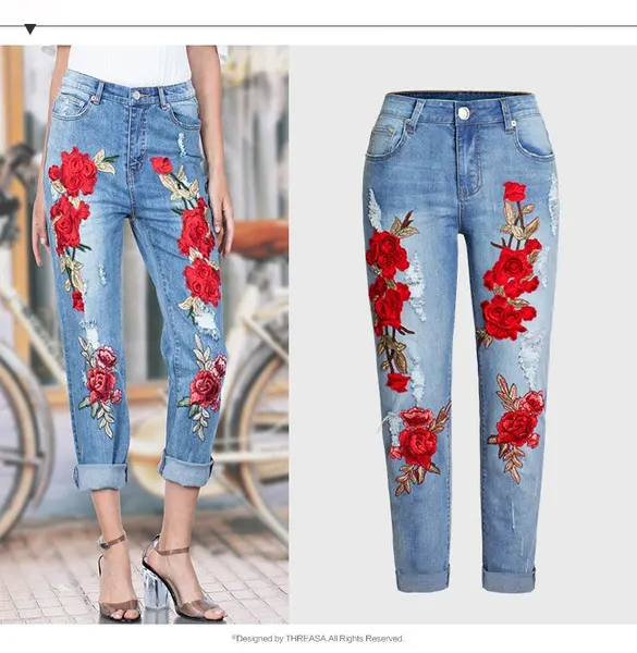 Jeans Denim Bordir Bunga Wanita, Jeans Denim Melar Biru Bunga Merah Bordir Bunga Wanita