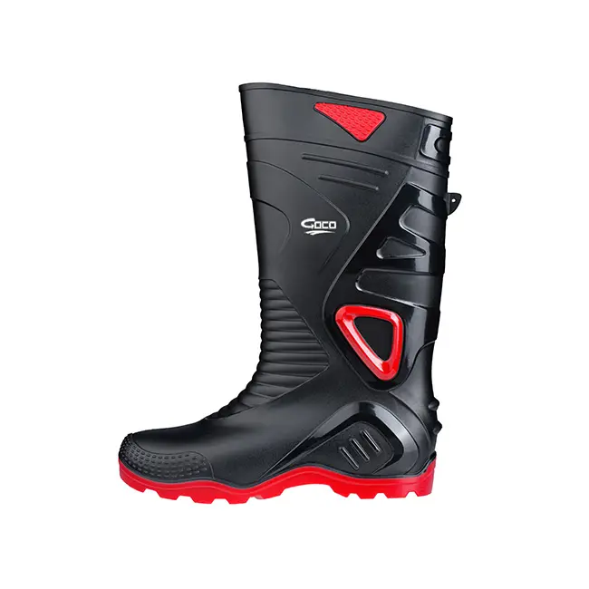 Malaysia Factory Sales Safety Rainboots Black Color Boots with Red Base Cheap Wellies Industrial Waterproof Shoes
