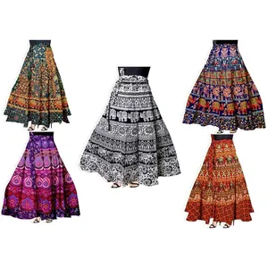 Lote por atacado De Algodão Indiano Impresso Handmade Envoltório Saia, Bohemian Floral Impresso Maxi Saias Longas De Algodão