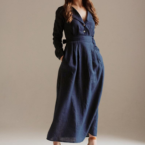 Vestido de lino de crepé negro para mujer, traje sexy de manga larga con cuello vuelto, sólido, largo hasta el suelo - Product Image 1