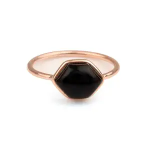 Menakjubkan 12x10mm batu permata Onyx hitam alami perhiasan wanita minimalis cincin bentuk segi enam perak berlapis emas 18k untuk dia