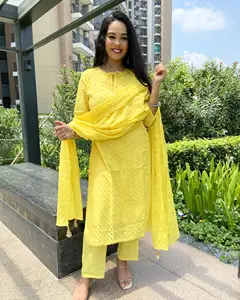 المصممة خصيصا أحدث جورجيت كورتي تصاميم أنيقة الأصفر كورتا مجموعة السيدات الباكستاني كورتي فساتين قطنية