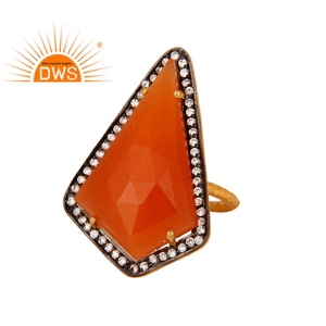 Handmade Hammered <b>Gold</b> Plated Sterling Silver <b>Cocktail</b> <b>Ring</b> CZ & Peach Moonstone Gemstone Jewelry Wholesaler - Product Image 1