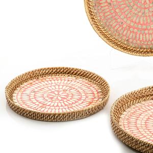 Plateau rond naturel en rotin du Vietnam, 12 pièces, ensemble de plateaux roses en forme de mère de la perle, plateaux de service artisanaux en rotin - Product Image 2