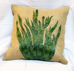 Handmade Bohemian Jute <b>Cushion</b> Cover With Green Embroidered Plant Design Square Home Decor Pillow Case - Product Image 1