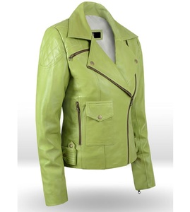 Chaqueta de piel de vaca con cremallera para mujer, color verde, loro, novedad, 2020 - 2021 - Product Image 2