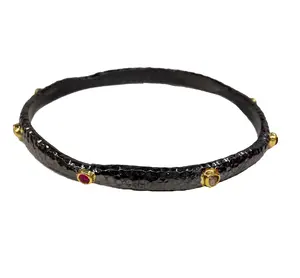 Stackable Sterling Silver 925 Gold Plated Oxidized Diamond Ruby Hammer Texture Wholesaler Woman Handmade Unique Trendy Bracelet