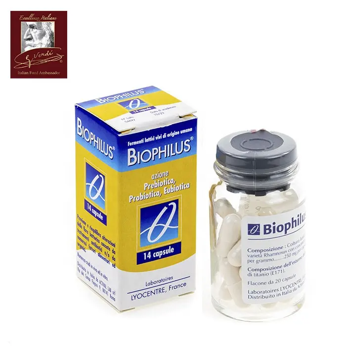 BIOPHILUS 14 CPS Tribiotic بروبيوتيك Eubiotic Prebiotic الإنسان اللبنيك ferments صنع في إيطاليا Tribiotic