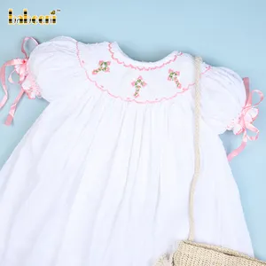 Vestido defumado cruz e flor de bebê, branco, ponto suíço, oem, vestido para bebê, artesanal, fabricante de bordado, atacado-bb1936