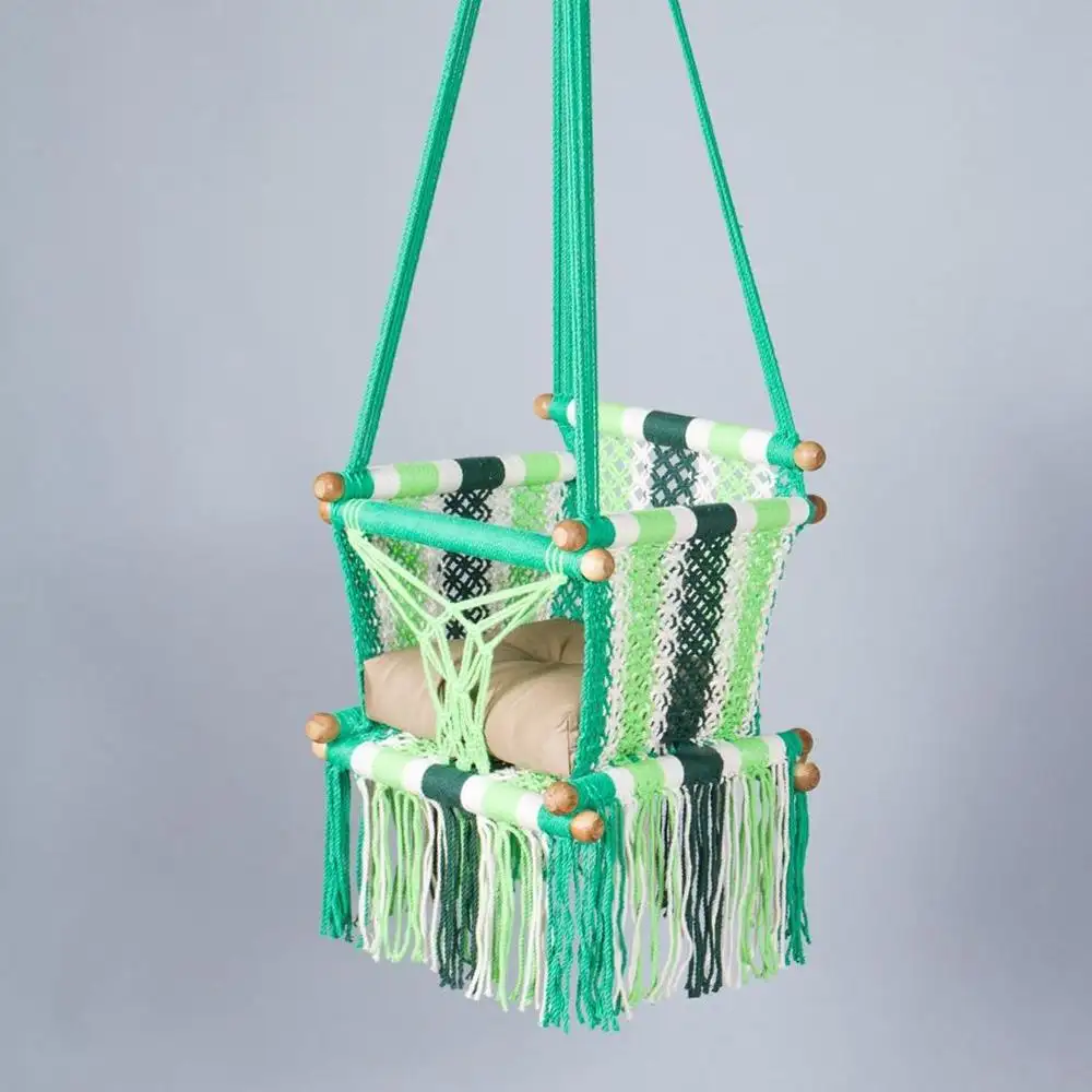 Baby Swing Chair in Macrame made in greens color Cotton and Sustainable native wood