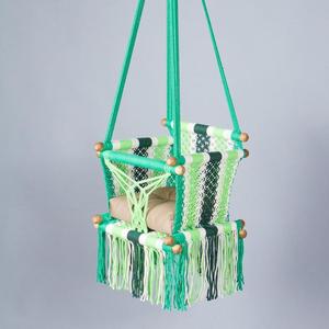 Baby Swing Chair in Macrame Made in Greens Color Cotton and Sustainable Native Wood - Product Image 1