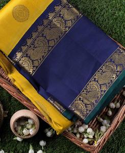 Vàng Và Xanh Lichi Lụa Mới Thiết Kế Bên Mặc Sarees Mới Giá Bán Buôn Bộ Sưu Tập - Product Image 3