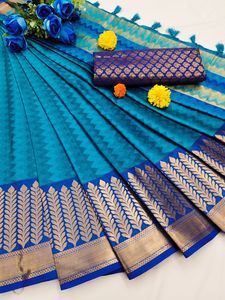 Saree de seda Jacquard de algodón con contraste, elegante, Pallu, tussle y Heavy Jacquard, blusa tejida de contraste, precio bajo - Product Image 4